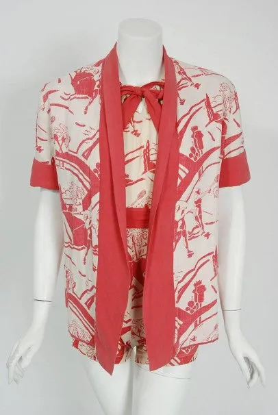 1930's Sandeze Sportswear Novelty Print Linen Backless Halter Playsuit & Jacket