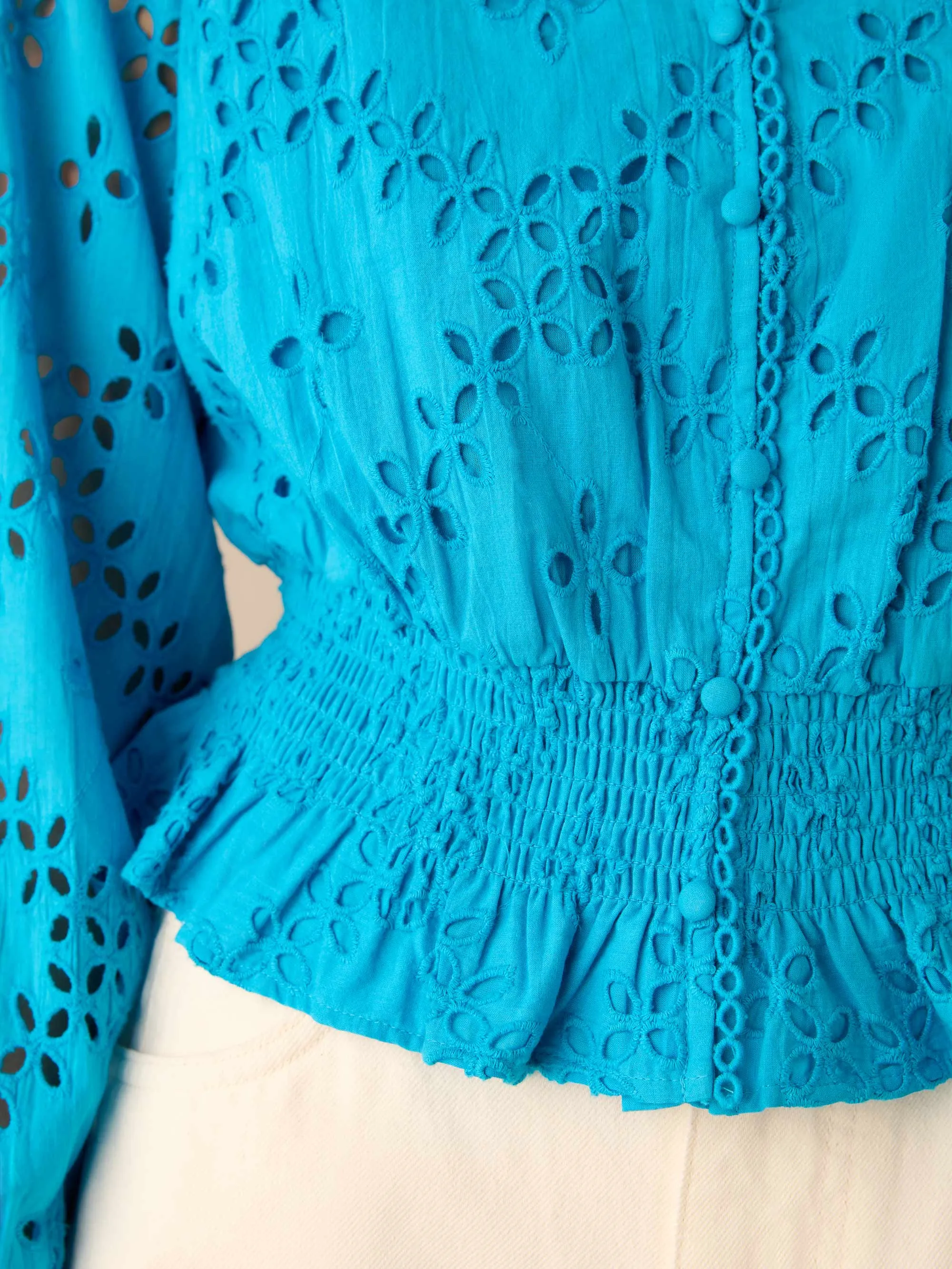 Blue Broderie Shirred Waist Top