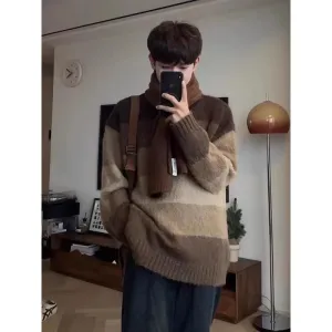 Bonsir Korean style high street men and women trendy personality retro round neck sweater couple retro loose casual knit sweater y2k