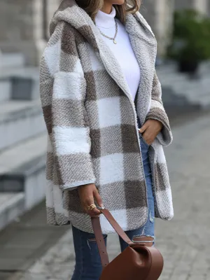 Casual Fuzzy Plaid Hooded Long Sleeve Fashion Loose Without Button Bubble Velvet Outerwear