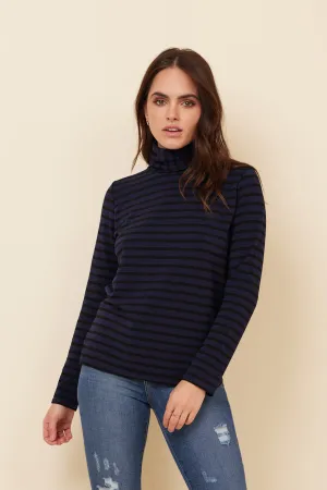 Majestic French Terry Stripe Semi Relaxed Turtleneck in Marine/Noir