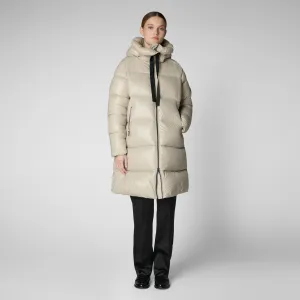 Woman's animal free hooded puffer jacket Isabel in rainy beige