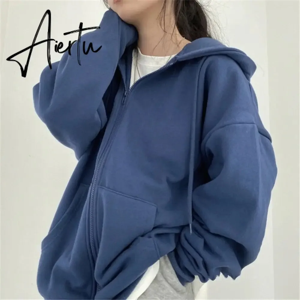 Women Hoodies Harajuku Korean Version Zip Up Loose Oversized Sweatshirts Casual Solid Color Long Sleeve Hooded Sweatshirt Coats