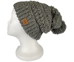 Wool hat, Grey Crochet Slouch Hat with pom pom, Made from wool on the outside and fleece on the inside